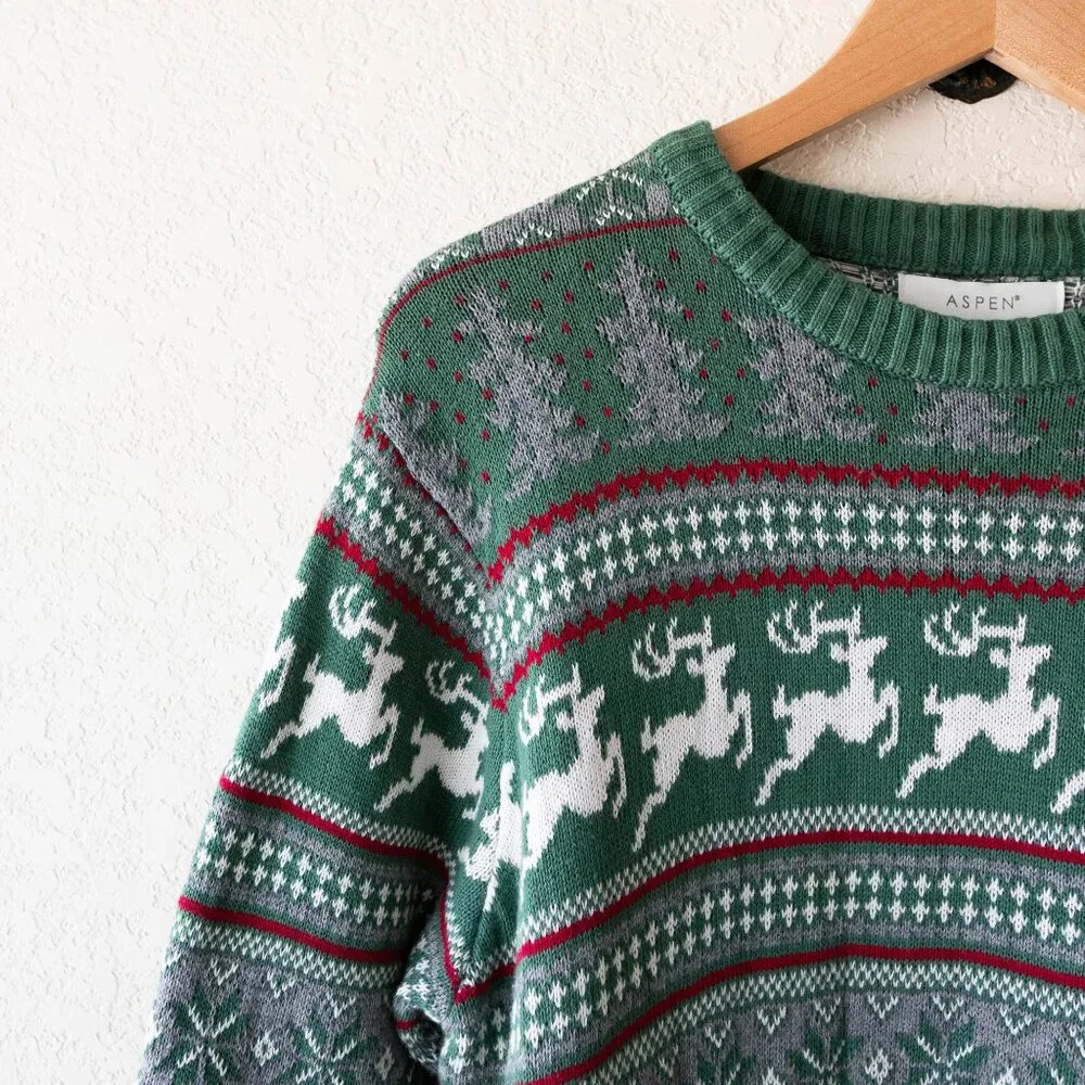 Aspen Men’s Fair Isle Sweater M Green Reindeer Christmas Holiday 100% Cotton